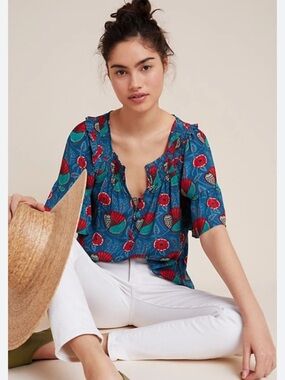 Anthro Maeve Letitia Smocked Floral Blouse Blue Ruffle Top Size Small